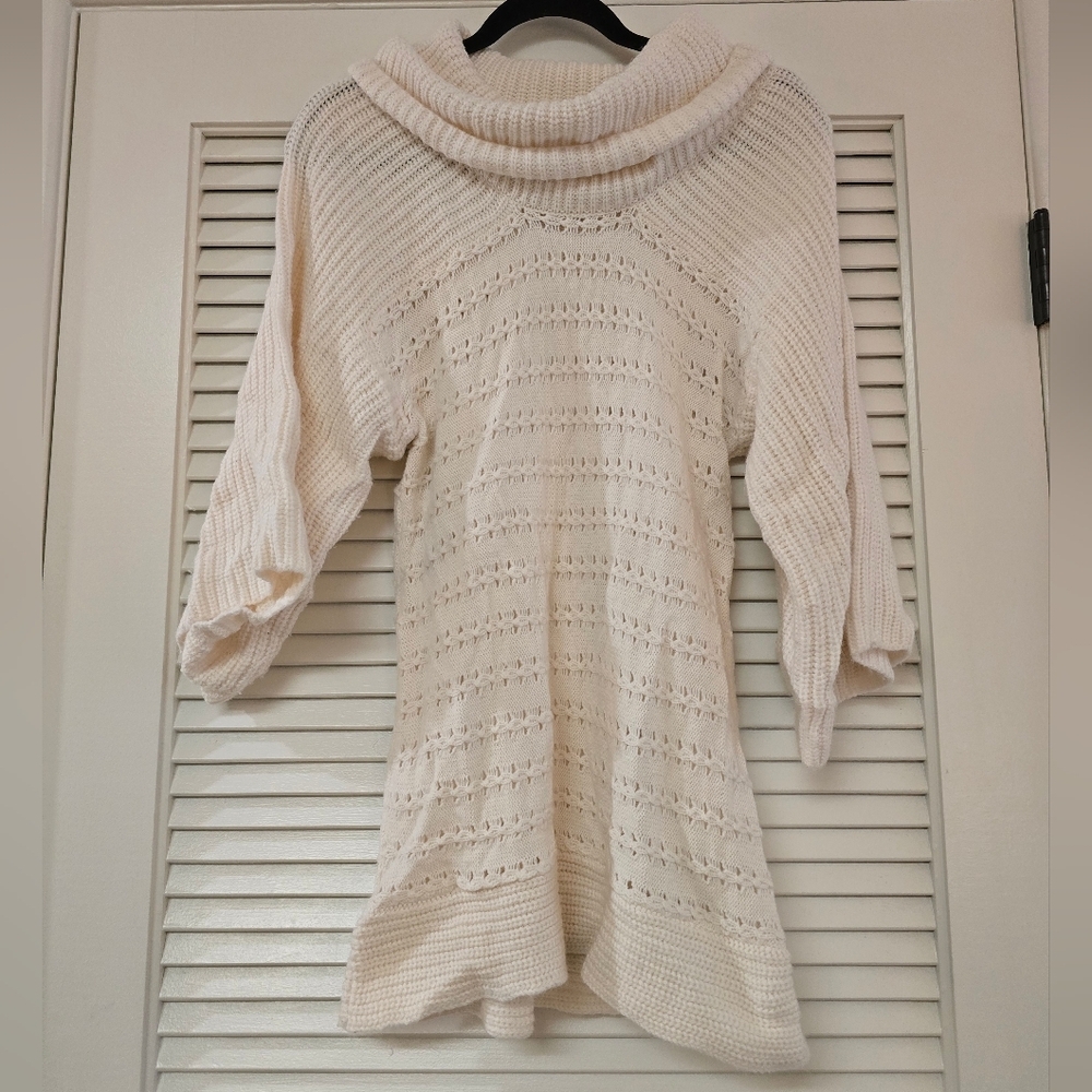 New York & Company - Cream Knit Cowl-Neck Pointelle Flare Sleeve Sweater